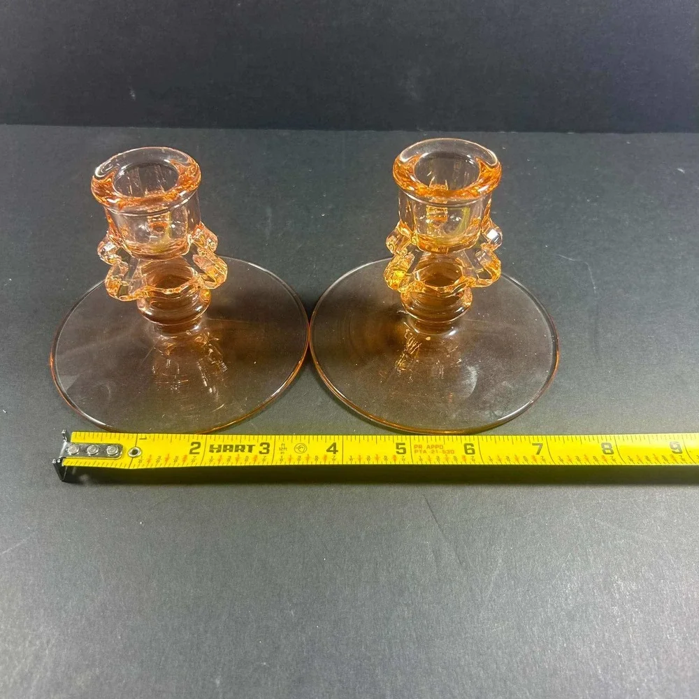 Candle Holders Peach Pink Depression Glass Art Deco Style Set of 2